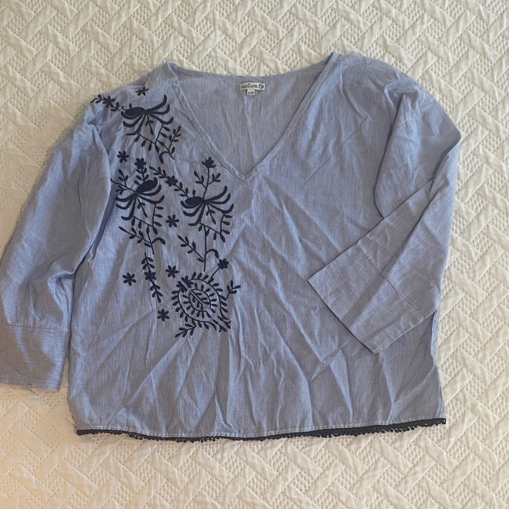 Chic and Fun Blue Striped V-Neck Blouse with Navy Embroidery and Navy Details